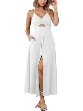 Women's White Summer Spaghetti Strap Midi Dress Sleeveless V Neck Maxi Dresses